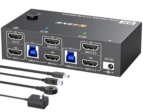 8K HDMI KVM Switch 2 PC 2 Monitore 8K@60Hz 4K@144Hz, MLEEDA USB 3.0 Dual Monitor KVM Switch mit 4 USB 3.0 Ports für Tastatur Maus Drucker, mit Desktop Controller,12V Netzteil und USB -Kabel
