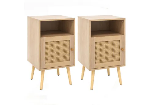 COSTWAY Nachttisch (2-St), Rattan, mit offenem Regal & Tür, 40 x 39 x 70cm
