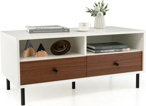 GOPLUS Couchtisch, Wohnzimmertisch mit 2 Schubladen & Ablagen, Kaffeetisch mit Metallbeinen, Sofatisch rechteckig, für Wohnzimmer, 95 x 48 x 45 cm