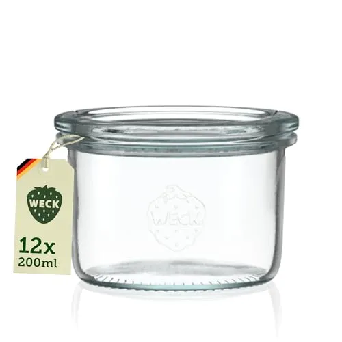 Weck Gläser 220ml – 12er Set mit Deckeln - Glasbehälter & Töpfe: Robuste, stapelbare Dessertgläser, ideal für Nachtisch und Einkochen, Made in Germany, wiederverwendbar und lebensmittelsicher.