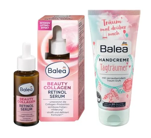 Balea 2er-Set: Serum BEAUTY COLLAGEN RETINOL Feuchtkeitspflege verbessert die Hautfestigkeit & Hautelastizität (30 ml) + Handcreme TAGTRÄUMER mit verzauberndem Traum-Duft (100 ml), 130 ml
