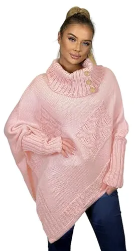 Mississhop Poncho Strick Sweatshirt Pullover Umhang Überwurf 30-01 Rosa - Strick Ponchos & Capes für Damen, bequemer Poncho mit modernem asymmetrischen Schnitt und hohem Rollkragen für extra Wärme. Ideal für vielseitige Outfits!