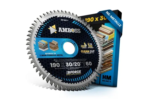 Amboss Kreissägeblatt HM 190 x 1.5/1.0 x 30 Z60 TF - Kreissägeblätter für Handkreissägen, ideal für präzise Trenn- und Gehrungsschnitte in Aluminium, Kunststoff und Holz. Geringe Schnittbreite spart Akkuleistung und ermöglicht vielseitige Anwendungen.