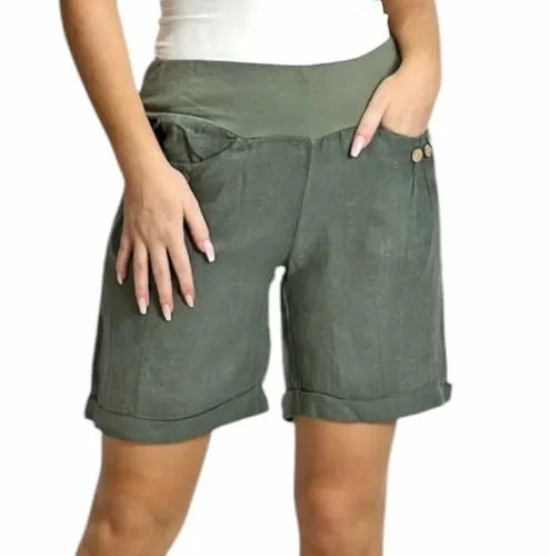 Mississhop 293 Damen Leinenshorts Bermuda lockere Kurze Hose Freizeithose 100% Leinen Shorts mit DREI Knöpfen Sommer Strand Oliv M