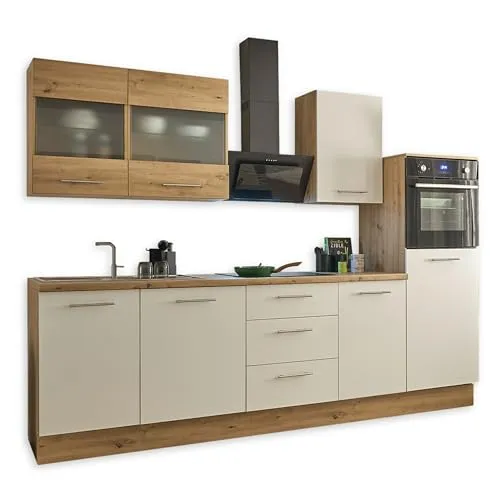 Capri Moderne Küchenzeile - Geräumige Einbauküche in Weiß und Artisan Eiche Optik - Küchenzeilen mit viel Stauraum und durchdachtem Design. Der Umbauschrank für den Backofen auf Brusthöhe sorgt für komfortables Backen ohne Bücken.
