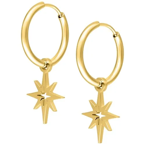 Wildcat Ohrringe - Little Polar Star Hoops - Creolen aus Edelstahl mit Polarstern Anhänger - wasserfest, langlebig, hautverträglich - gold