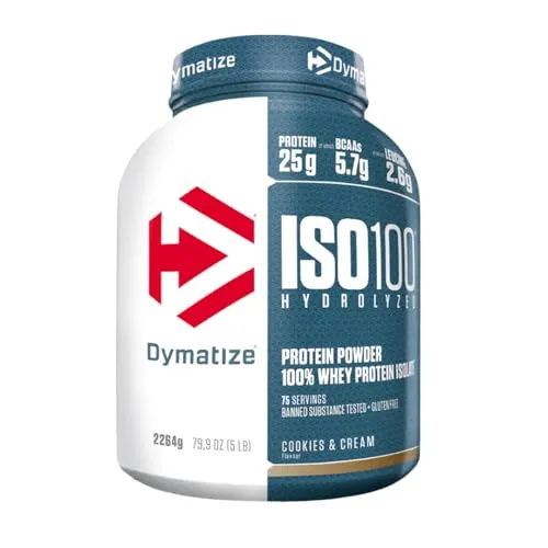 Dymatize ISO 100 Hydrolyzed Cookies & Cream 2264g - Hochwertiges Whey Protein - Molkenprotein mit 25g Eiweiß pro Portion, glutenfrei und ideal für Sportler, die Wert auf Qualität und optimale Kalorienzufuhr legen. Perfekt vor und nach dem Training!