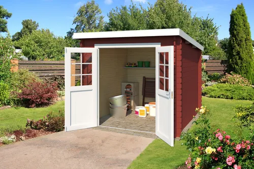 Gartenhaus Blockhaus Pultdach 28 mm Indi 230 rot 250x250 cm - Gartenhaus mit 5.04 m² Nutzfläche, stabiler Blockbohlenbauweise und abschließbarer Doppeltür. Ideal für Gartenlagerung oder Freizeitgestaltung.