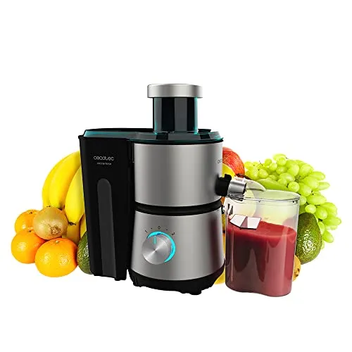 Cecotec Entsafter Juice&Fresh 400 Titan Black - Zentrifugal-Entsafter mit 400 W Leistung und 20.000 U/min für maximalen Saftausbeute. Kompaktes Design, 2 Geschwindigkeitsstufen und integrierter Fruchtfleischbehälter für einfache Handhabung und Reinigung.