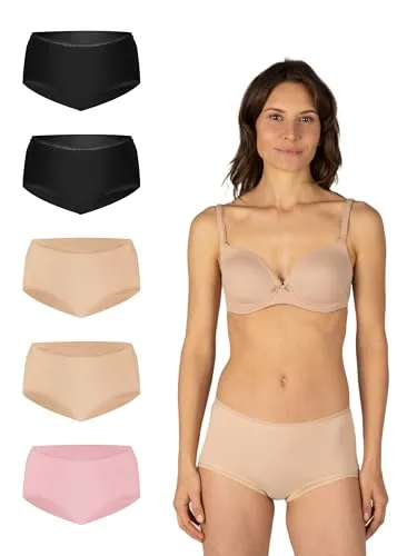 Elsie Lace Damen High-Waist-Panty 5er-Pack – Baumwolle Unterhosen, Hohe Taille, Atmungsaktive Damen Unterwäsche (DE/NL/SE/PL, Alphanumerisch, XXL, Regular, Regular, 2X Schwarz 2X Beige 1x Rosa)