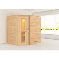 Karibu Sauna Mia (Fronteinstieg) 1960 x 1700 x 1980 cm - Innensauna aus 38 mm massivem Fichtenholz, einfach im Steck-Schraubsystem montierbar, inklusive Ofenschutzgitter und hochwertiger Saunatür für optimalen Komfort.
