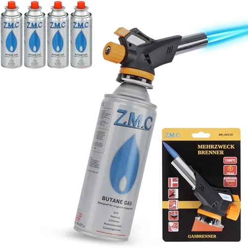Z.M.C Gasbrenner 1,3kW + 4x Gaskartuschen 227g, Flambierbrenner, Temperatur bis zu 1300°C, Bunsenbrenner Lötbrenner mit Piezozündung, Küchenbrenner mit einstellbare Flamme, Abflammgerät