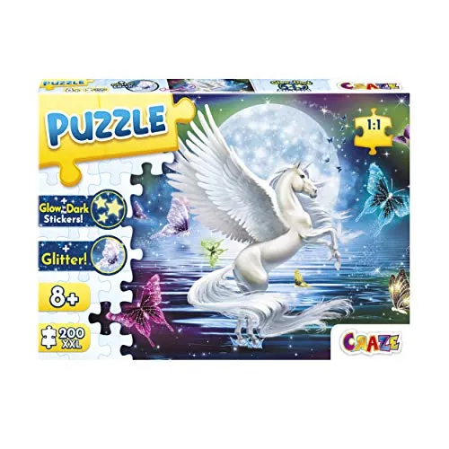 Craze Puzzle Moonlight Pegasus 200+ Teile mit Glitzerdruck und Leuchtsternen Pegasus-Puzzle für Kinder ab 8 Jahren