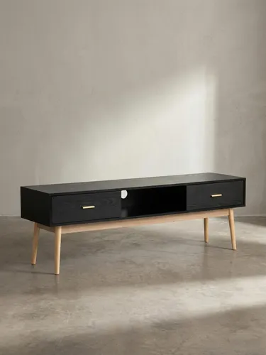 Modernes Lowboard Schwarz mit Eiche-Nachbildung 150x50x40 cm - Stylische TV-Kommode mit viel Stauraum, geeignet für Fernseher bis 70 Zoll, inklusive Kabeldurchlass für eine ordentliche Verkabelung.