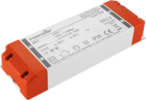Poppstar LED Trafo Transformator 230V AC / 12V DC - LED-Trafo mit 12V 12,5A für bis zu 150 Watt LEDs, ideal für energieeffiziente Beleuchtung in Wohnräumen oder Badezimmern. Einfache Installation und integrierter Überlastschutz sorgen für hohe Sicherheit.