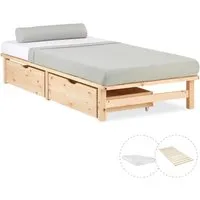 Homestyle4u Holzbett Jugendbett Palettenbett 90x200 mit Matratze - Skandinavisches Einzelbett aus massivem Kiefernholz, inklusive 2 praktischen Schubladen für optimalen Stauraum und einer komfortablen Matratze – perfekt für kleine Räume und modernen Wohnstil.