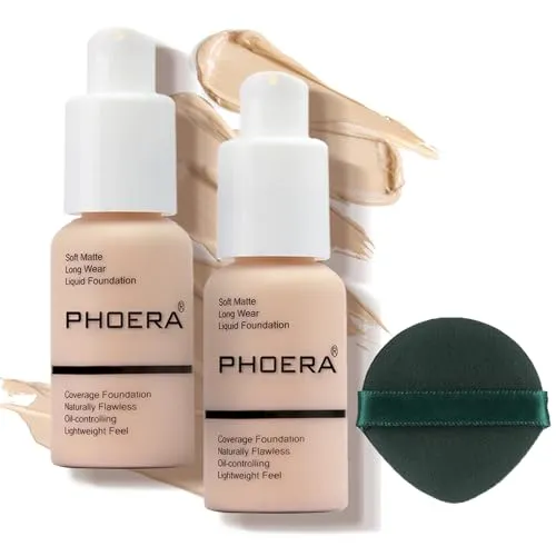 PHOERA Foundation 2er Set,Matte Flüssig Foundation mit voller Deckkraft,24H langanhaltend Make-up,wasserfest,ideal für reife Haut,deckt Hautunreinheiten,Rötungen,für Alltag,Party (2 Stück 101)