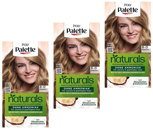 3x Poly Palette Naturals Permanente Haarfarbe 8–0 Hellblond ohne Ammoniak 115ml