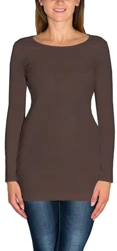 Alkato Damen Langarm Longshirt Langarmshirt Tunika Basic Shirt, Farbe: Hellbraun, Größe: L