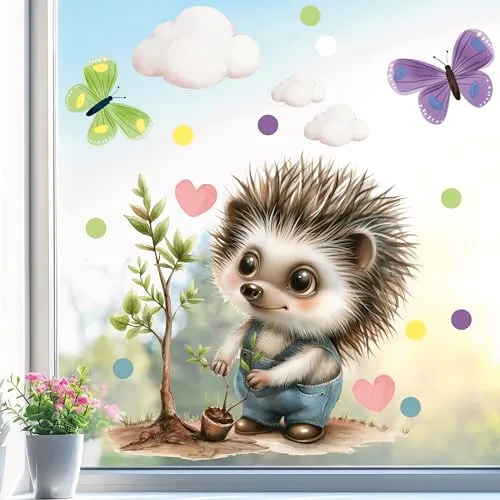 Sunnywall Fensterbild Fensterdeko Latzhose Igel Gärtner Fensteraufkleber statisch selbstklebend beidseitiger Druck Aufkleber Fenstersticker WIEDERVERWENDBAR A4