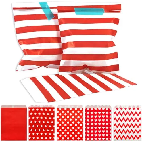 Frau WUNDERVoll® 100 PAPIERTÜTEN ROT, STREIFEN 13 x 16,5 cm, 45 Gramm Papier, flach/Candy Bar, Hochzeit, Kindergeburtstag, Papiertütchen, Candybag, Tüten, Mitgebseltüten