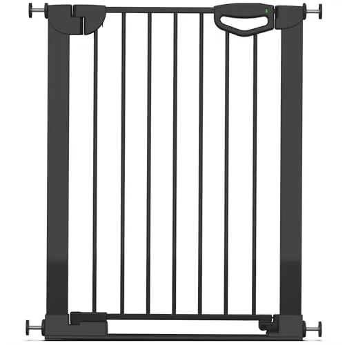 Geuther Türschutzgitter Easylock Flatstep Schwarz - Kindersicherung für Treppen, einfach zu montieren ohne Bohren, beidseitig öffnend und mit flacher Bodenschiene für höchste Sicherheit.