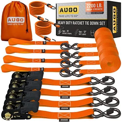 AUGO Spanngurte mit Ratsche – 4 Stück – 4,5 m–1000 kg Tragkraft – Lastengurte für bewegliche Geräte, Rasenausrüstung, Motorrad – Bonus 2 Spanngummis, 4 weiche Schlaufen Spanngurt, Aufbewahrungstasche