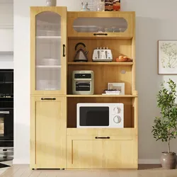 Highboard Mdf Natur 98x40x177 Cm Mit Schublade, Verstellbaren Einlegeböden, Riffelglas Und Ausziehbarer Ablage