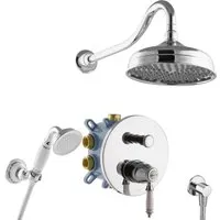PaulGurkes Nostalgie Duschsystem Set – Komplett Regendusche mit Grundkörper - Hochwertiges Duschsystem aus massivem Messing mit nostalgischem Design. Inklusive langlebiger Keramikkartusche und einfacher Montage durch integrierte Wasserwaage. Ideal für Kopf- und Handbrause.
