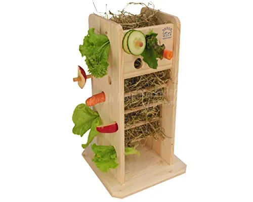 Resch Nr43 Futterturm, naturbelassenes Massivholz aus Fichte/Lochwände und Rundstäbe zum stecken oder hängen der Snacks/mit Großer Heuraufe von Zwei Seiten zugänglich /24,5 x 40 x 24,5cm (LxHxB)