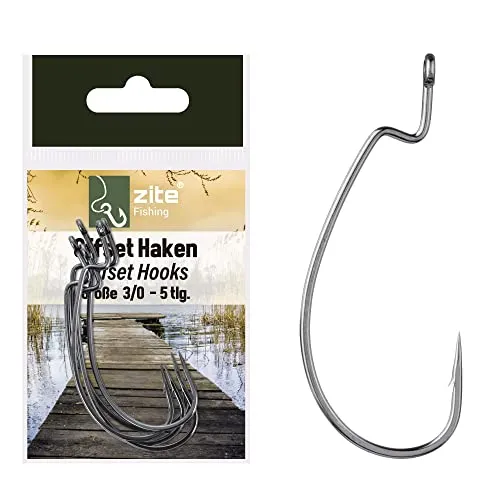 Zite Fishing Offset-Haken Set - 5 STK Scharfe Angelhaken Kunstköder-Angeln Barsch & Zander Größe 3/0 - Perfekt für Gummiköder, Jigs, Creature Baits