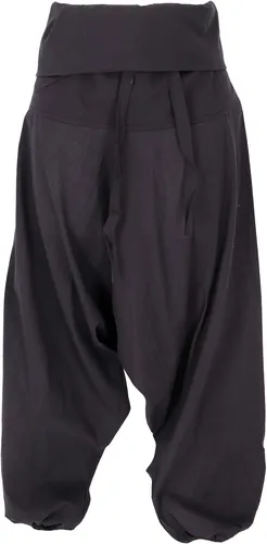 Schwarze Haremshose - Pluderhose im Ethno-Stil - Bequeme und weite Haremshose aus 100% Baumwolle, ideal für lässige Looks. Perfekt für jede Jahreszeit und mit Bindegürtel für optimalen Sitz.