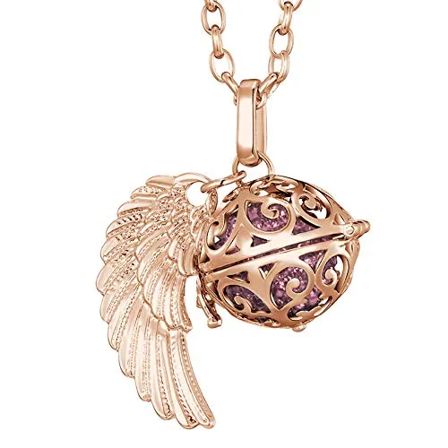 Morella Halskette Damen roségold Edelstahl 70 cm mit roségoldenem Anhänger Engelsflügel und Klangkugel Zirkonia rosa Ø 16 mm in Schmuckbeutel