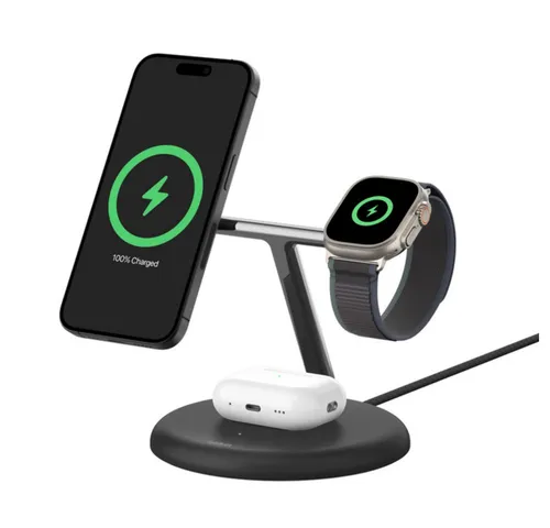 Belkin Boost Charge PRO 3-in-1 Wireless Charger Qi2 (15W) - Schwarz - Kabelloses Qi-Ladegerät für iPhone, Apple Watch und AirPods, mit magnetischer Ausrichtung und 90° schwenkbarem Ladearm für flexibles Laden.