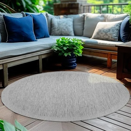 HomebyHome Outdoor-Teppich Flachgewebe Wetterfest Einfarbig Grau Küchenteppich, Balkon Terrassen Garten Wohnzimmer Teppich 160 cm Rund