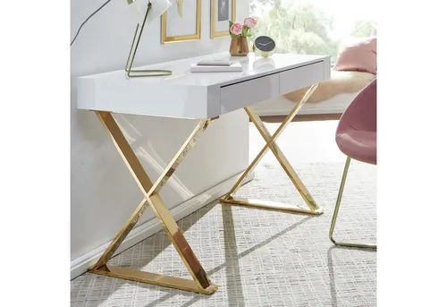 FineBuy Schreibtisch Hochglanz Weiß Gold 118 cm - Kinderschreibtische im modernen Design mit zwei geräumigen Schubladen und großer Arbeitsfläche für angenehmes Arbeiten – ideal für kreatives Lernen und Spielen.