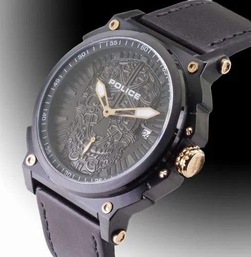 Police Totenkopf Uhr PL15728JSB.02 - Elegante Armbanduhr für Herren - Herrenuhren mit Totenkopf-Design, Quarzwerk und Datumsanzeige, wasserdicht bis 5 ATM - ideal für jeden Anlass.