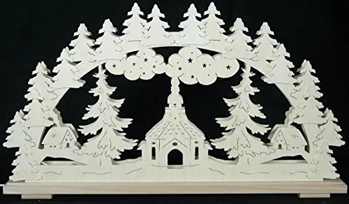 Rudolphs Schatzkiste Schwibbogen mit Dorf Kirche Wald und Beleuchtung BxHxT 70x39x7cm NEU Lichterbogen Fensterbogen Spitzbogen Erzgebirge Seiffen Weihnachten Licht Holz Dekoration Beleuchtung