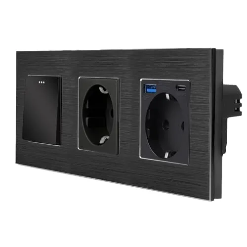 Luxus-Time Wipp Wechsellichtschalter + Steckdose + Steckdose USB-A/C Anschluss zum aufladen Schuko Einbau Mehrfachstecker 20W schnellladen 3-Fach (Schwarz, Alu Wechselschalter + Steckdose + USB-A/C)