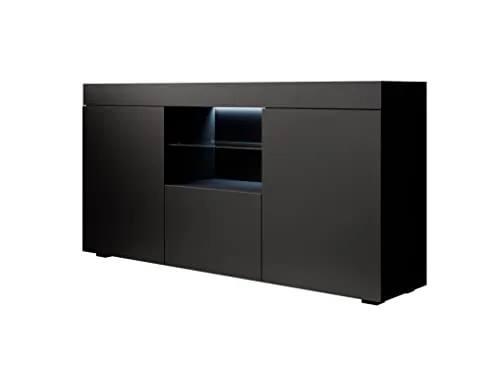 MB Muebles Bonitos | Sideboard Wohzimmer | Esszimmer Schrank Möbel | Breite 135 x Höhe 73 x Tiefe 34 cm | Mattes Melamin | 3 Türen | LED-Beleuchtung | Schwarz | Modell Sefora