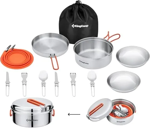 KingCamp Camping Geschirr Set für 2-4 Personen - 17-teiliges Edelstahl Kochgeschirr-Set, ultraleicht und ideal für Outdoor-Aktivitäten wie Camping und Trekking. Faltbare Bestecke und platzsparendes Design für einfachen Transport.