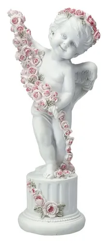 Figuren Shop GmbH Dekofigur Engel Figur - Putte mit Rosen auf Säule - Fantasy Dekofigur Cherub