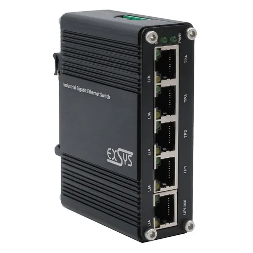 EXSYS EX-62020 5-Port Industrie Ethernet Switch - Industrie Ethernet Switch mit 5 Gigabit LAN-Anschlüssen, rackmontierbar und ideal für zuverlässige Netzwerkverbindungen in anspruchsvollen Umgebungen.