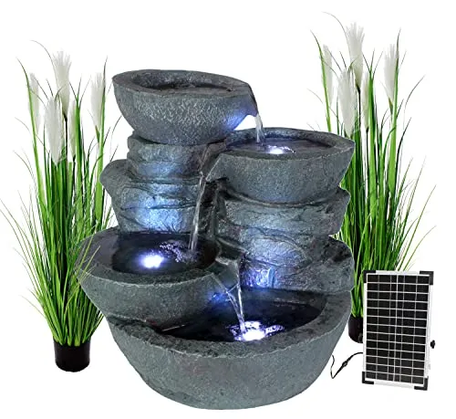 Solar Gartenbrunnen Cascades mit LED-Beleuchtung - Brunnen & Kaskaden mit wetterfestem Design, leistungsstarkem Solarpanel und automatischer Dämmerungssensor-Beleuchtung für stimmungsvolle Abende.