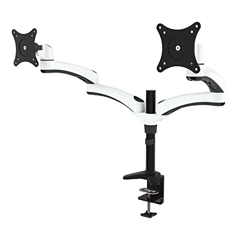 HFTEK® 2-Fach-Monitor Halterung für 15-27 Zoll Bildschirme - Elegante Aluminium-Tischhalterung mit 2 Gelenkarmen für optimale Ergonomie. Bis zu 8 kg Tragkraft pro Monitor, 360° drehbar und neigbar für individuellen Komfort.