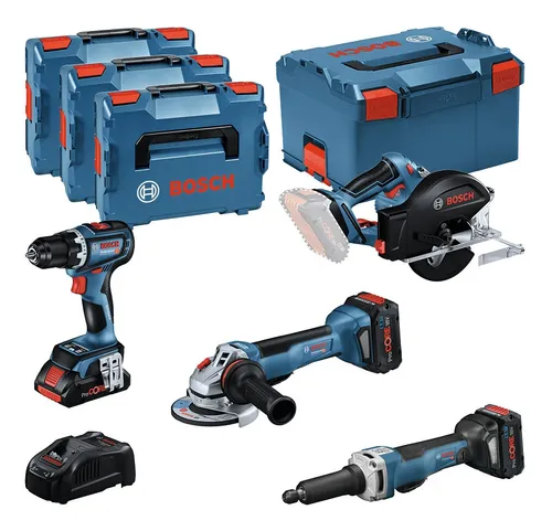 Bosch Professional Combo Kit 18V-Set: GSR 18V-90C, GWS 18V-15 PSC, GKM 18V-50 & GGS 18V-23 PLC - Akkugeräte-Sets mit 2 leistungsstarken ProCORE Akkus für maximale Flexibilität und Leistung in allen Anwendungen.