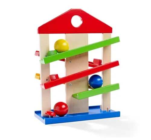 Eichhorn 100002025 Kugelbahn-Haus, 4-teilig, bunte Rollbahn aus Holz mit Glocke und drei Kugeln Lindenholz, Motorikspielzeug für Kinder ab 1 Jahr, Größe: 25 x 34 cm