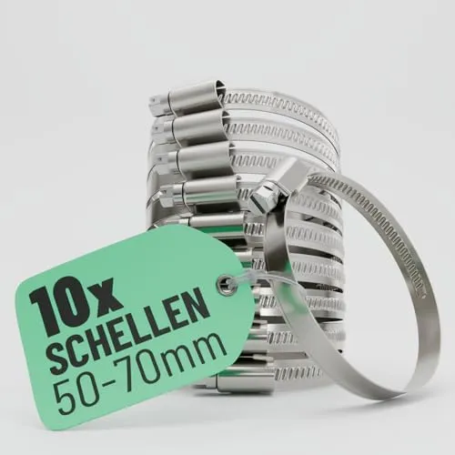 greate 10x Schlauchschellen Edelstahl 50-70 mm - Einstellbare Schlauchschelle mit 9 mm Bandbreite - Rohrschelle rostfrei - Schellen für Pool, Teich, Waschmaschine uvm - Schraubschellen Edelstahl 304