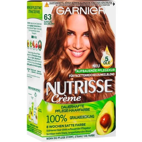 Garnier Nutrisse Dauerhafte Pflege-Haarfarbe mit nährenden Fruchtölen, Coloration mit 8 Wochen Halt, Ultra Crème Tönung, 63 Dunkles Goldblond