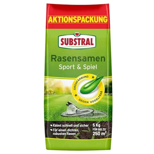 Substral Rasensamen Sport und Spiel 5kg – Schnellkeimend für strapazierfähige Rasenflächen - Gräsersamen für strapazierfähige Rasenflächen, ideal für Neuansaat. Mit SOS-Technologie für schnelle Keimung und dichten Rasen, selbst bei kühlen Temperaturen. Reicht für bis zu 250m².